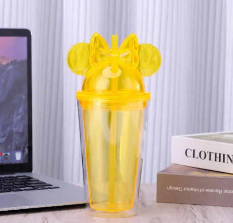 New Style 16oz Double Wall Plastic Cups with Straw and Dome Lid Reusable Acrylic Clear Mouse Ear Tumbler Ice Coffee Cup