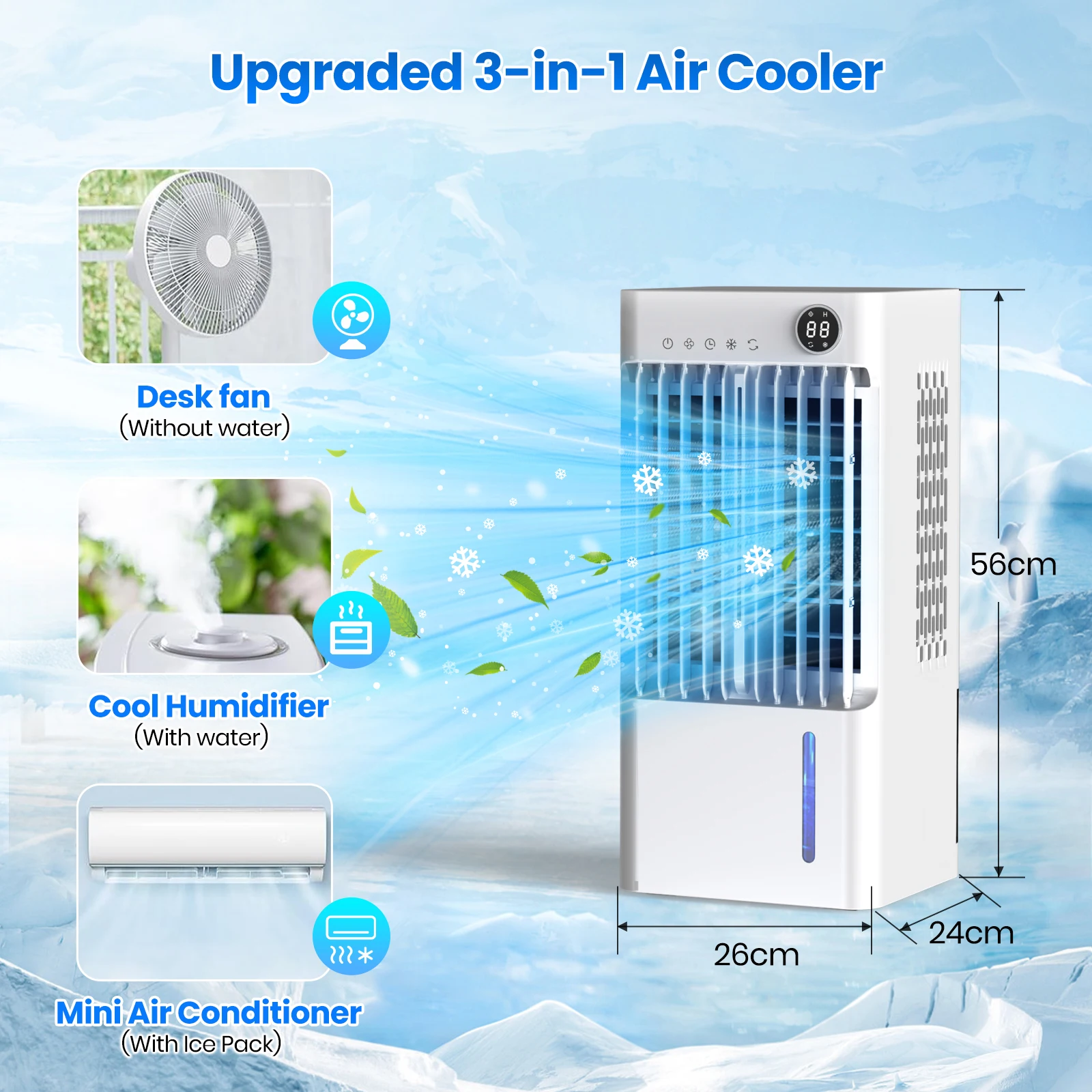 Large Air Cooler Fan Floor Standing Air Conditioner Fan with 5L Water Tank,3 Strong Speed Wide Angle Blowing Water Cooling Fan