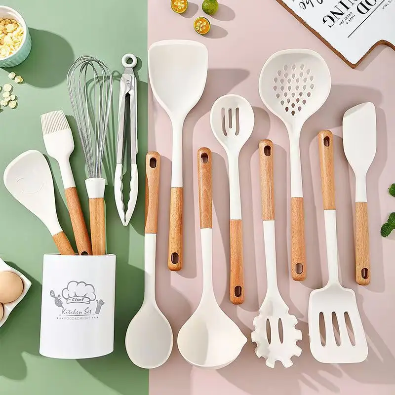 12 pcs custom logo wooden handle spoon brush silicone kitchen utensil spatulasilicone cooking utensils set - heat resistant