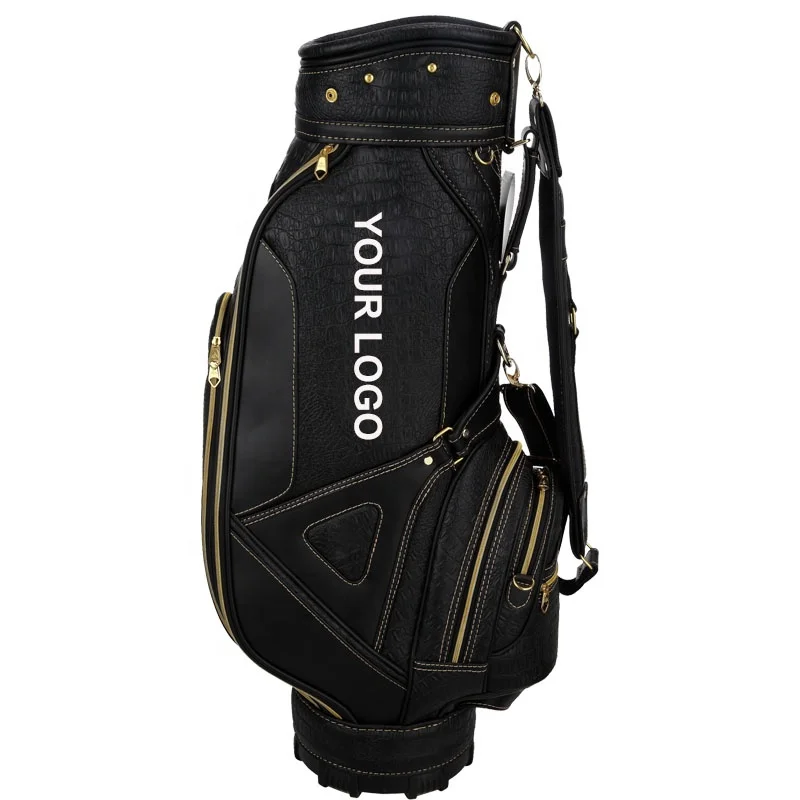 
OEM Embroidery Logo Black Genuine Leather Golfbag Golf Staff Cart Bag 