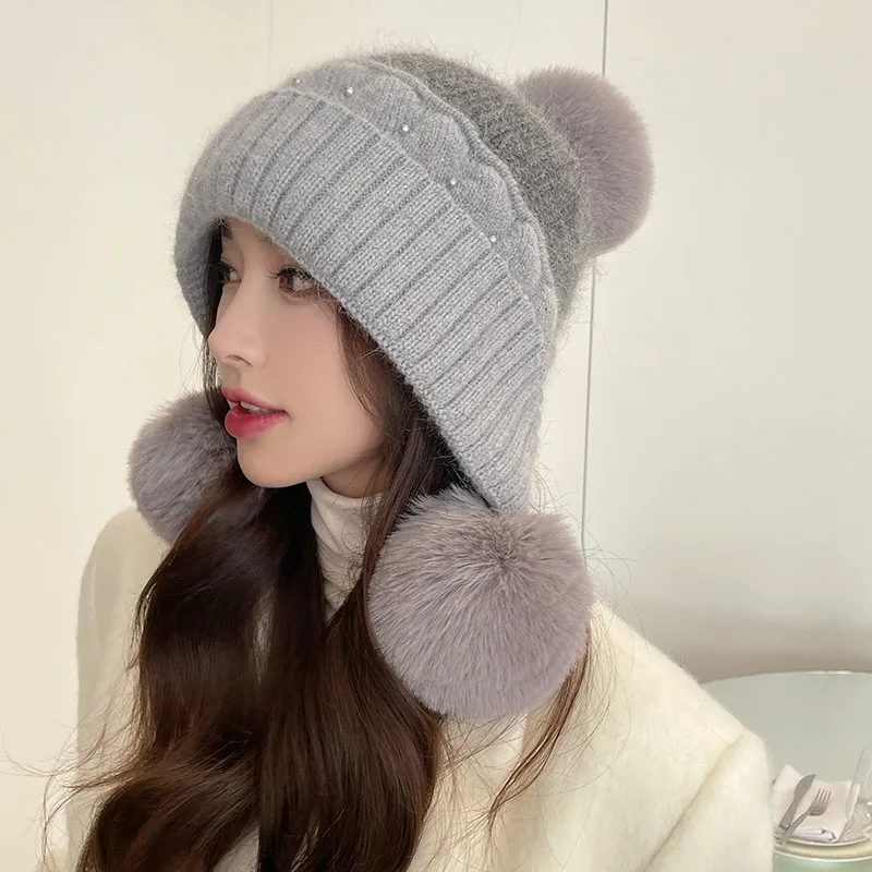 Warm Wool Ball Ear Protection Face Knitted Riding in Autumn and Winter Cold Proof Pullover Hats Korean Fashion