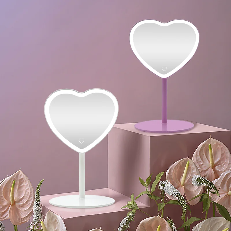 Wholesale Custom Logo Heart Shaped Pink Mirror Detachable Charging Beauty Led Travel Makeup Vanity Mirror With Light