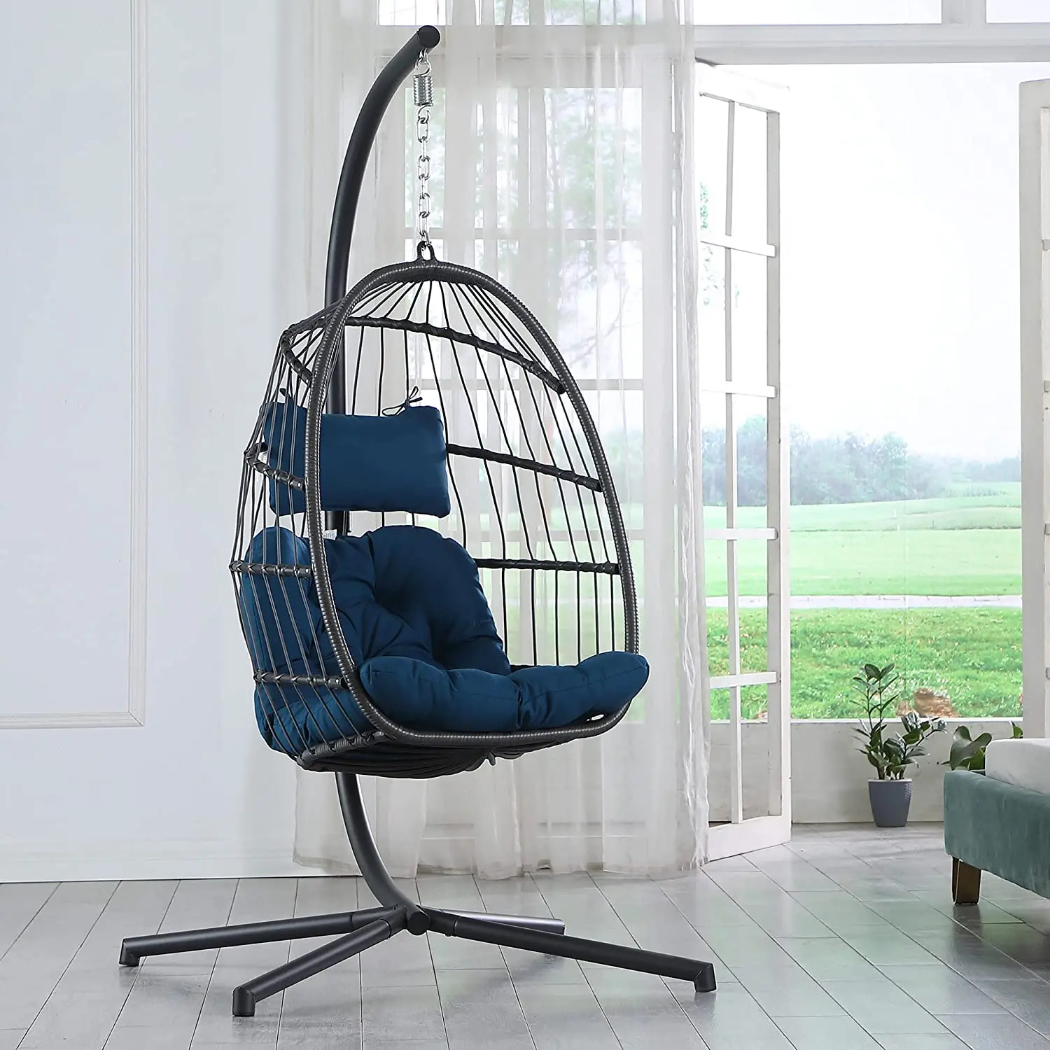 Outdoor Rattan Wicker Double Seat Hanging Egg Swing Chair with Metal Stand Furniture Color Material Origin General Place Model