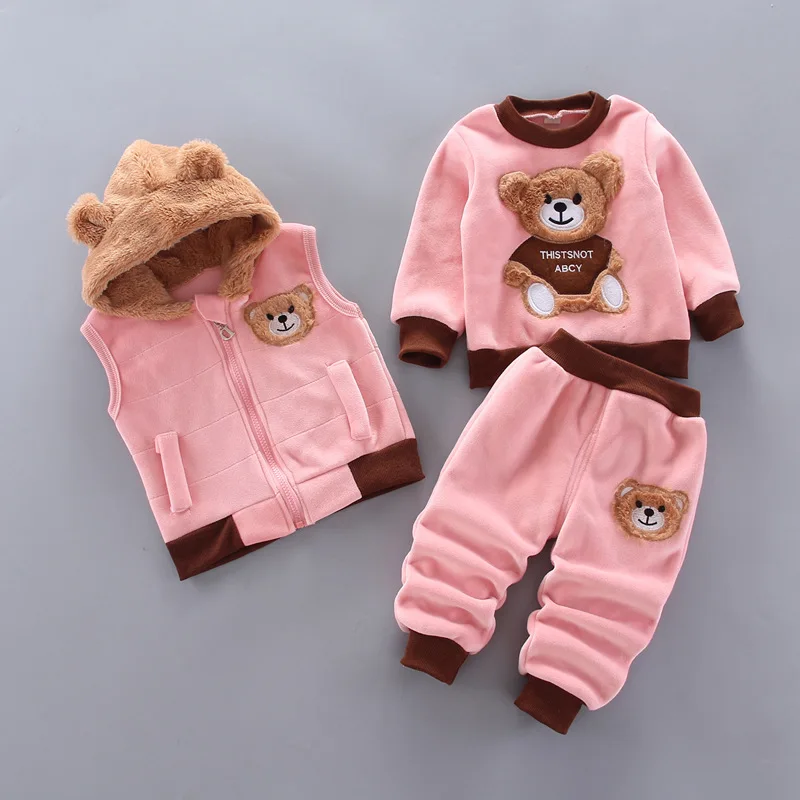 Cartoon Bear Logo Printed Winter Warm Thickened Kids Clothing Set Hooded Suit for Baby Boys Girls Cotton Fabric Spring Autumn