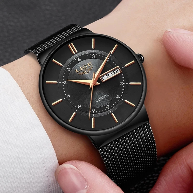 LIGE 9949 low price high quality men quartz watch Chronograph PU leather band Waterproof Mesh Strap water proof in stock