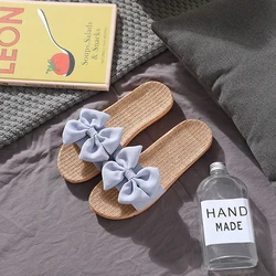 New Design Summer Cool Lovely Bow Spinning Breathable Outdoor Beach Flax Linen Slippers Wholesale