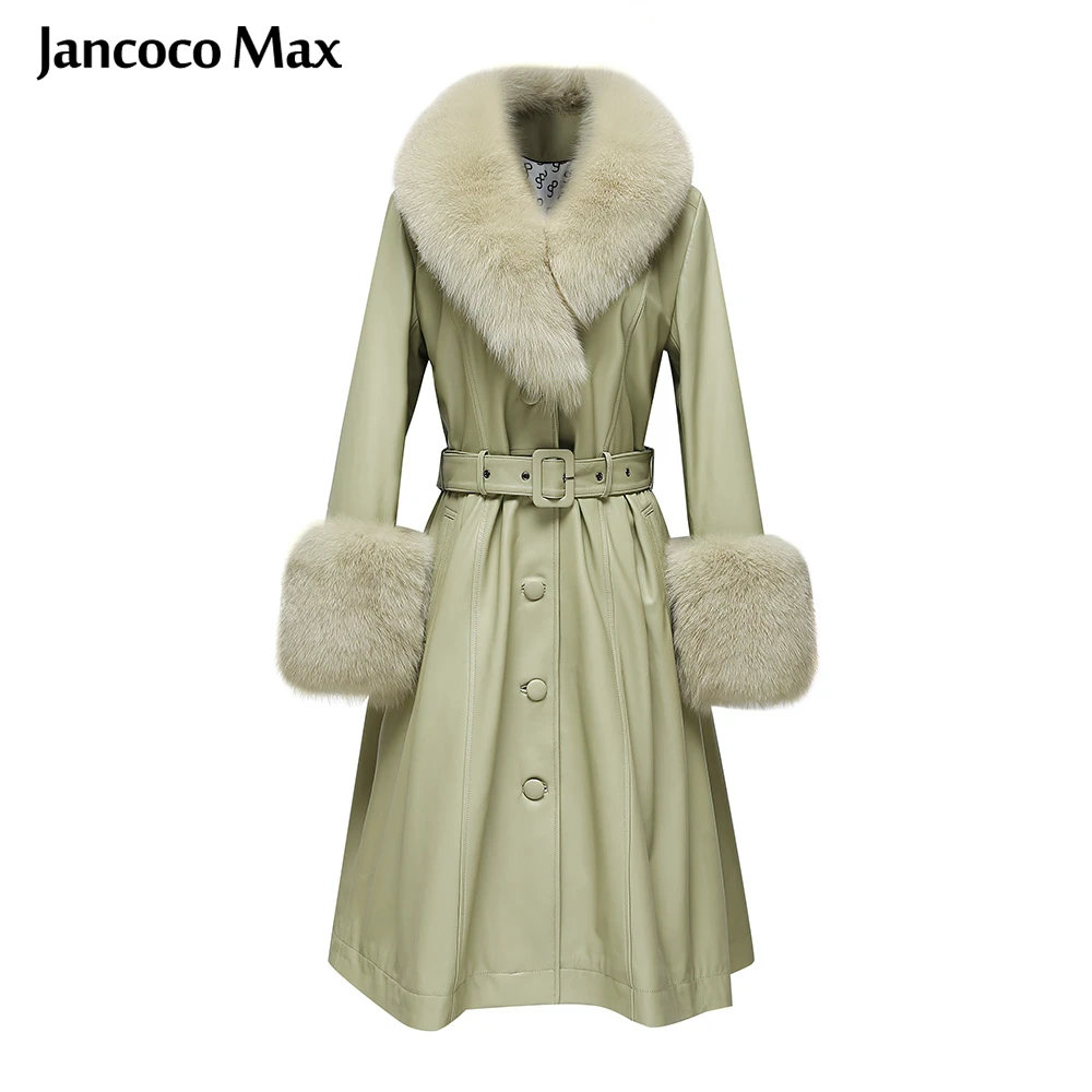 Windproof Genuine Leather Trench Coat Women Long Jacket With Fox Fur Collar