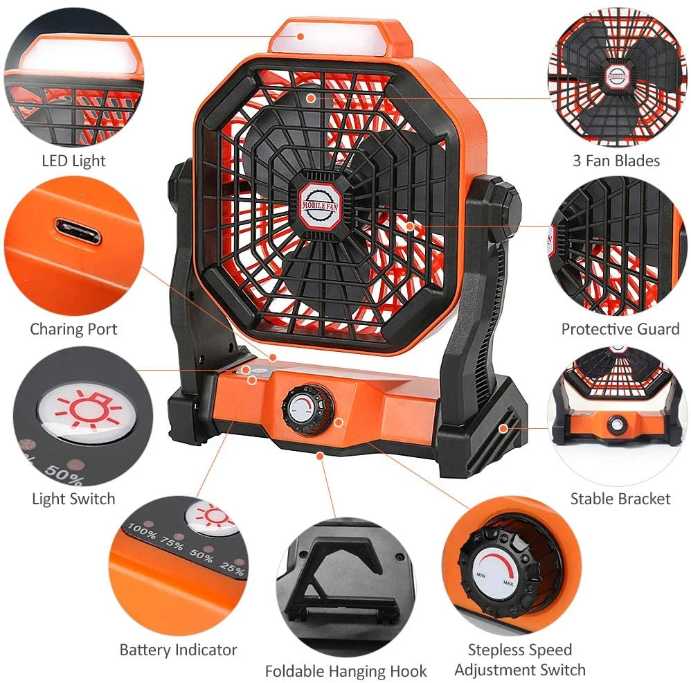 SRL X20 Portable Mini Fan Rechargeable 5200mAh Operated 3 Level 5V 2A Brightness LED Tent Fan Suitable for Outdoor Camping