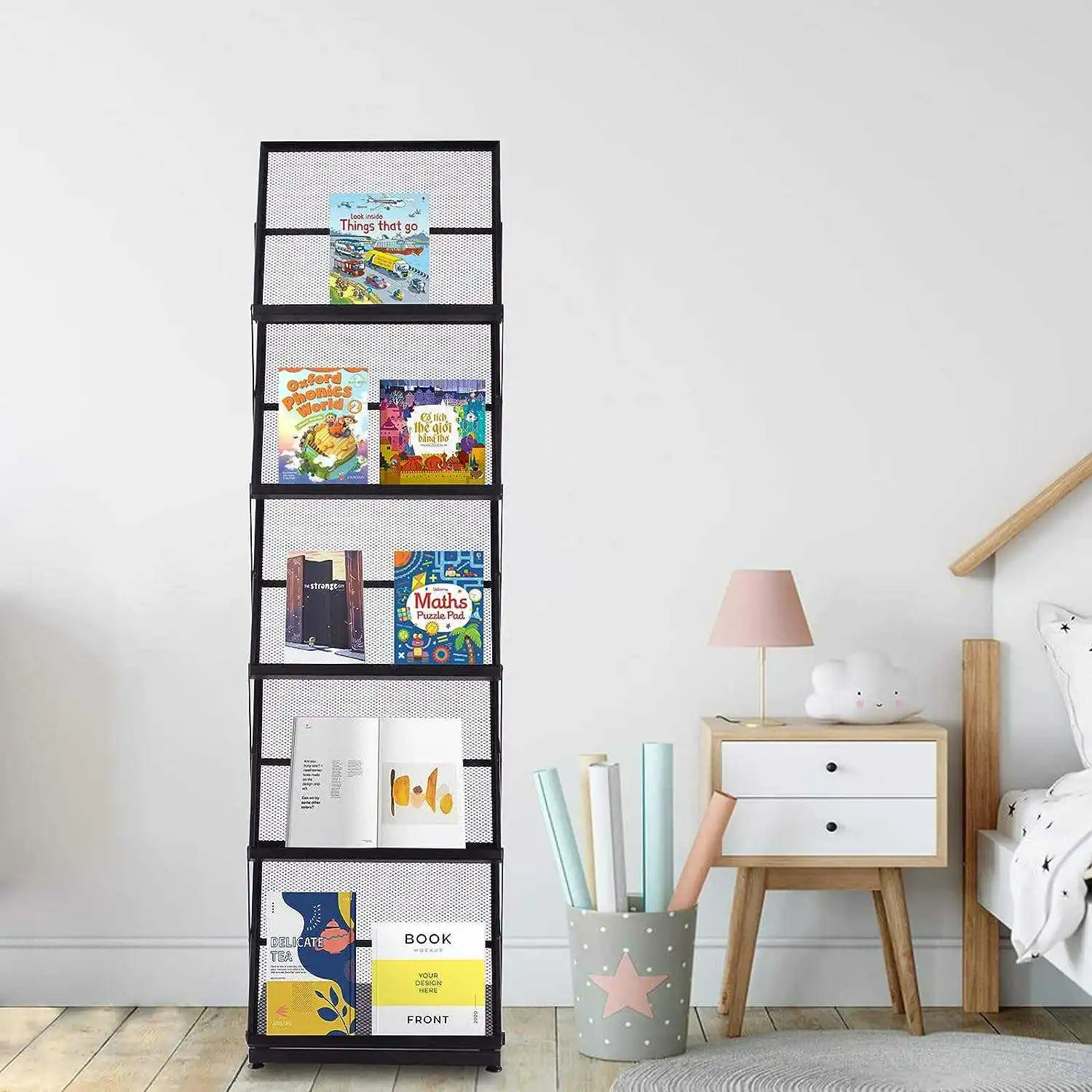5 Tier Foldable BookShelf Retail Display Stand  Free-Standing Newspaper Information Organizer Storage Rack Holder