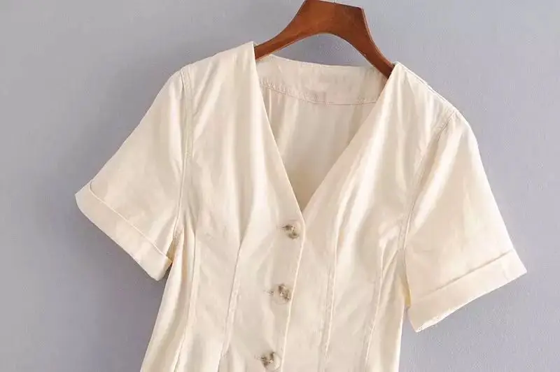 
100% Linen Women Side Split Beige Buttoned Long Casual Dress 