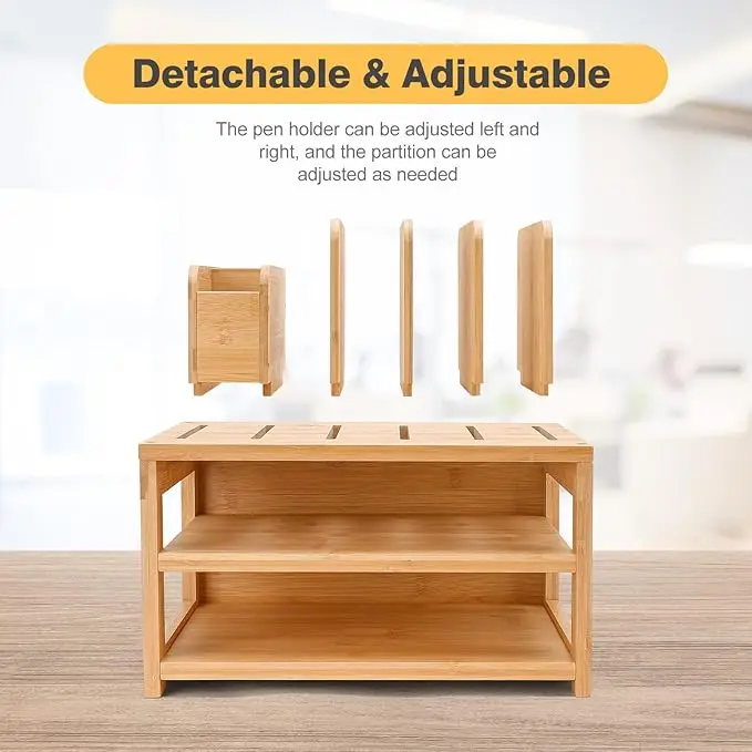 Adjustable Pen Holder with Desktop Letter Tray Storage Box 3 Layers Office Desk Organizer for Home or School File Rack