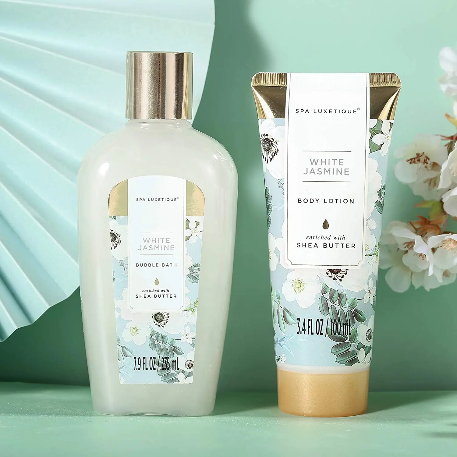 White Jasmine Spa Gift Basket for Women, 15pcs and Body Set with Shower Cap, Essential Oil, Salt, Bubble Bath