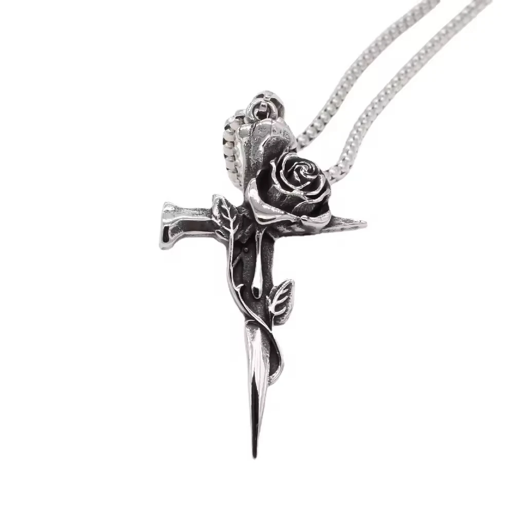 Vintage Gothic Jewelry Stainless Steel Designer Rapper Punk Rose Flower Cross Pendant Necklace For Men