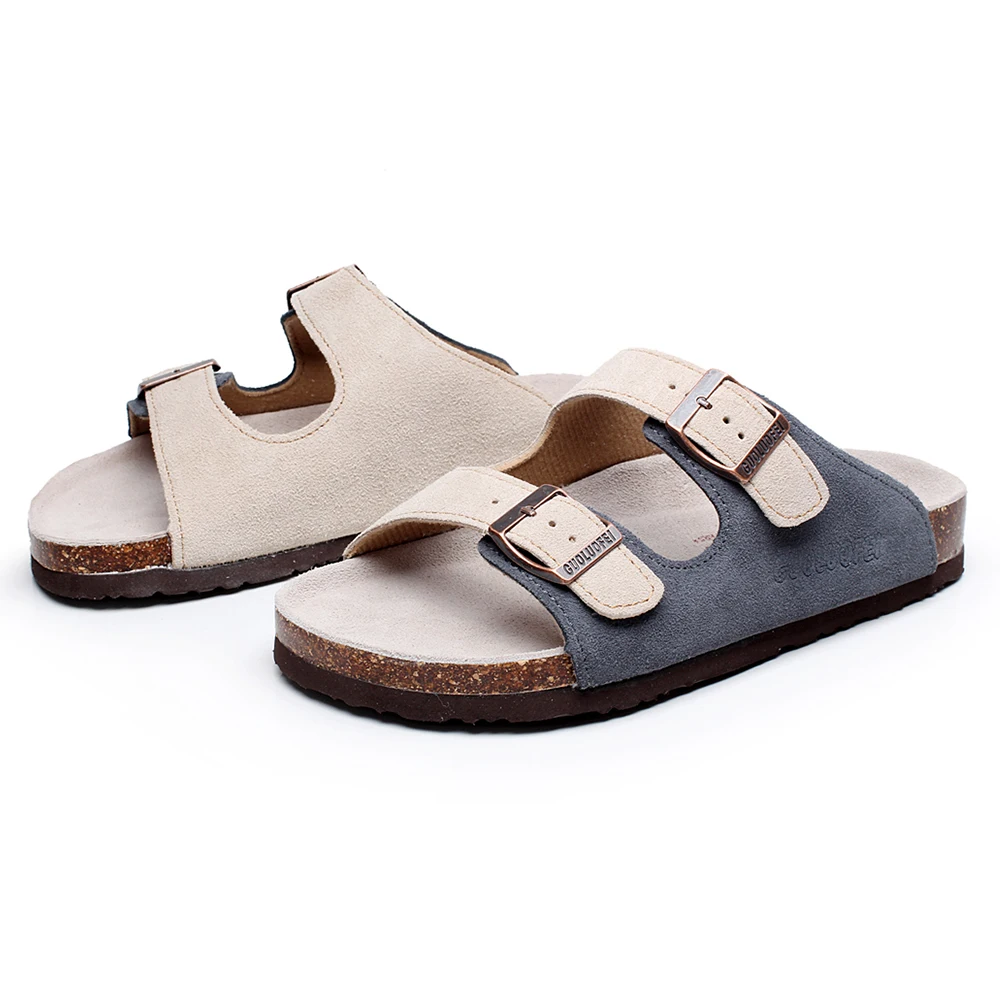 
Hot Sale women Suede Leather Sandals Shoes Double Buckle Cork sole Slippers 