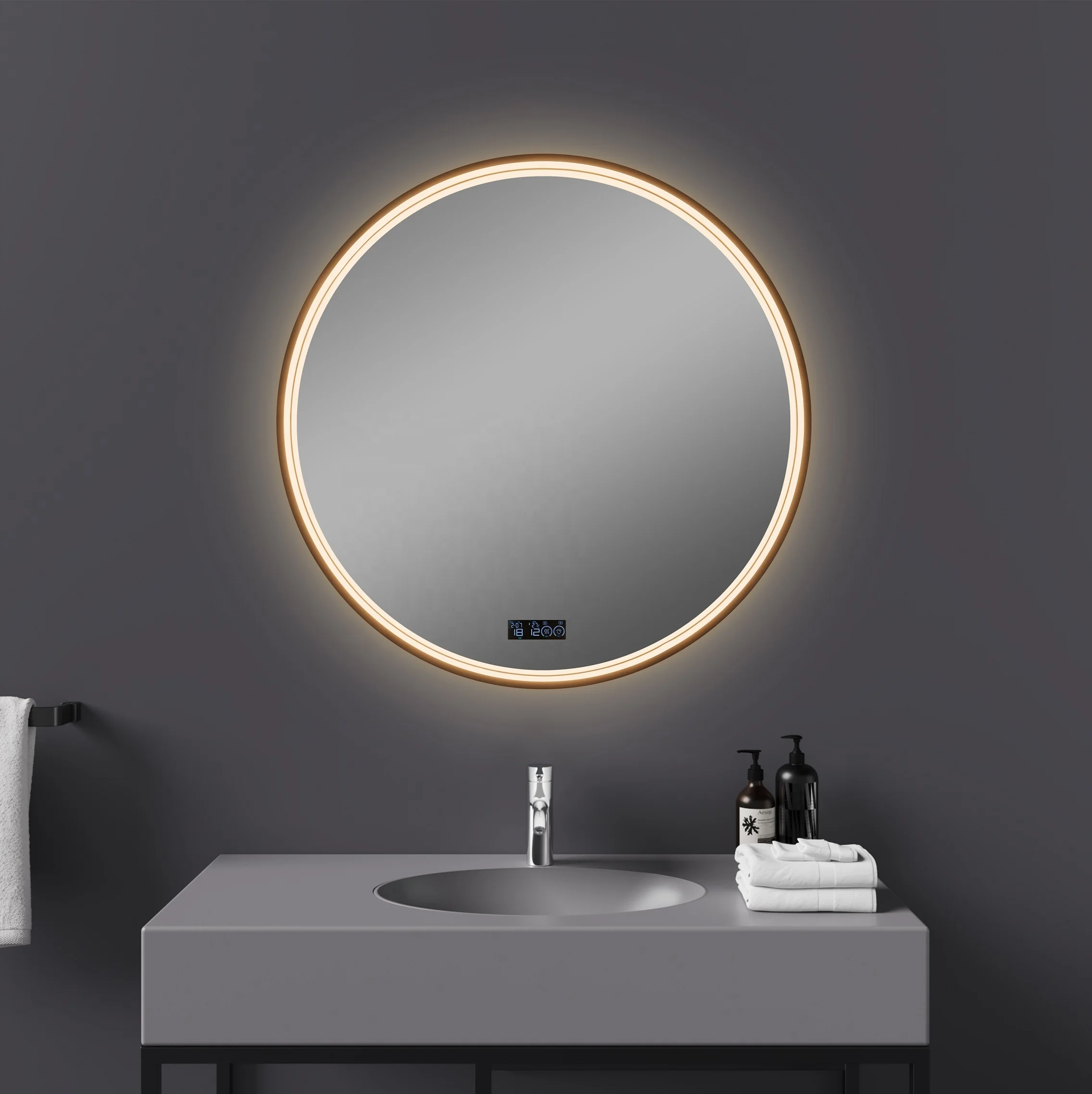 Customized frame illuminated Led Lighted Wall Mounted Mirror Defogger Led time temperature touch screen light up mirrors