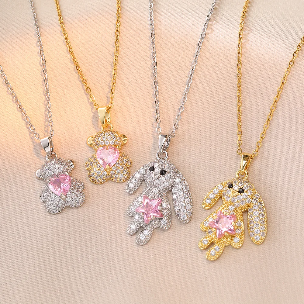 Lovely Stainless Steel Chain Full Diamond Little Bear Pendant Necklace Gold Plating Micro Paved Cubic Zircon Rabbit Necklace