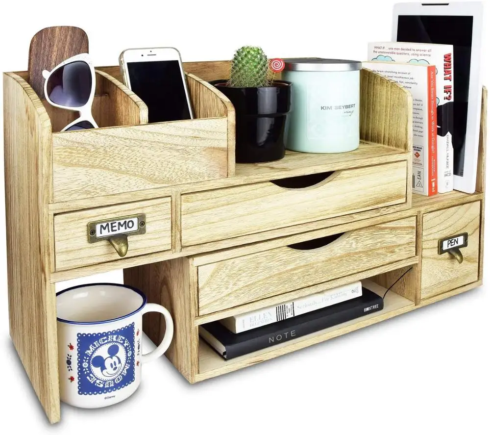 Большой регулируемый деревянный Настольный органайзер для хранения офисных принадлежностей
