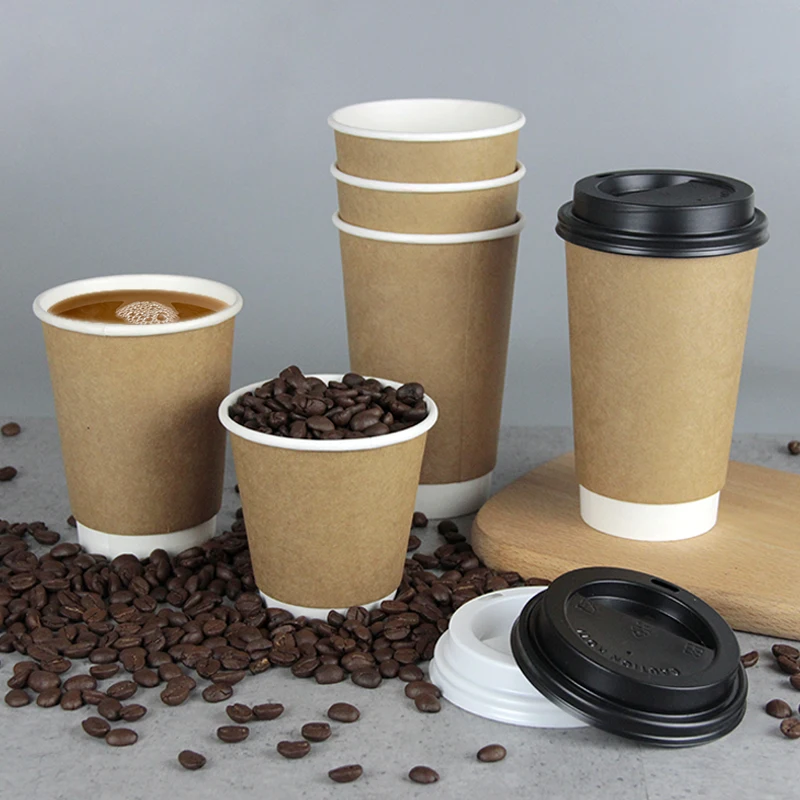 Disposable Biodegradable Food Grade Brown Kraft Double wall Coffee Paper Cups With Lids