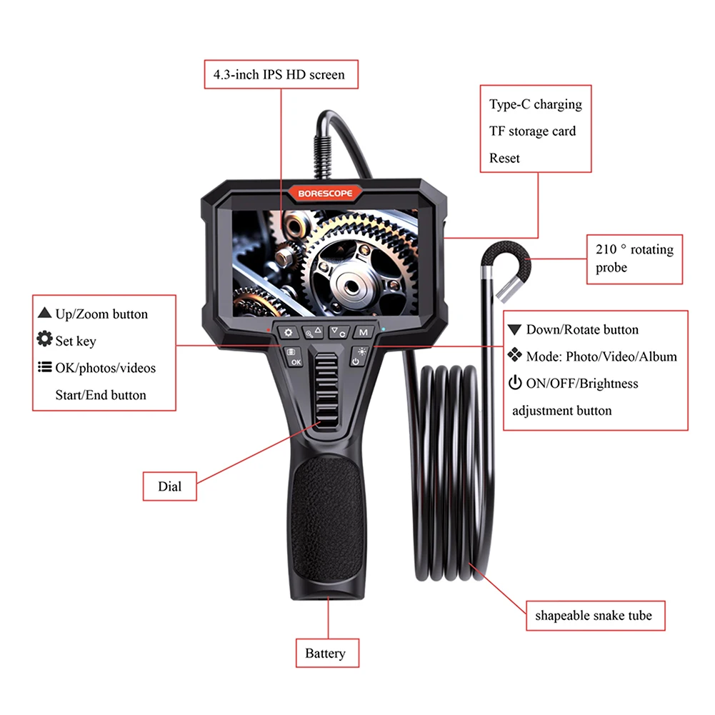 210°Two way Industrial borescope camera 4.3' 6.2mm IP67 Waterproof Articulating Video Endoscope for Car sewer pipe inspection