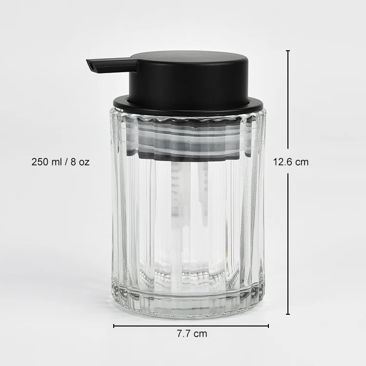 250 ml 8 oz Straight Cylindrical Vertical Stripe Glass Liquid Soap Dispenser with Matte Black Big Plastic Lotion Pump