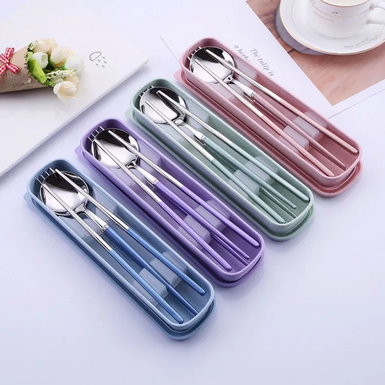 Portable Cutlery Set Travel Cutlery stainless steel Spoon Chopsticks Fork and Wheat Box