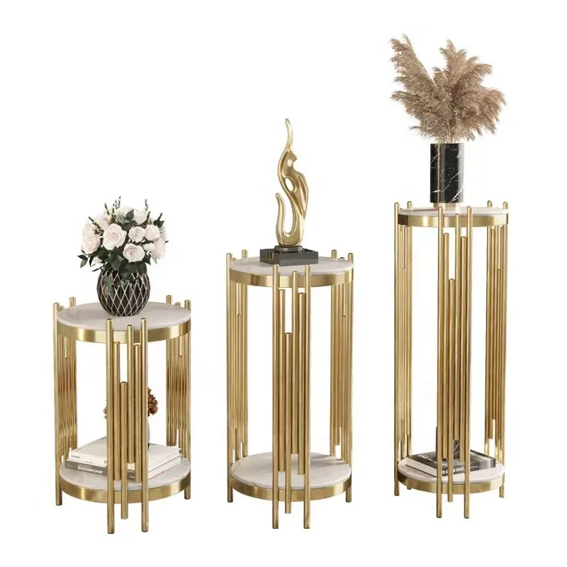 Hotel Modern Banquet Furniture Marble Top Gold Stainless Steel Round Wedding Cake Table Set for Events Flower Stand Side Table