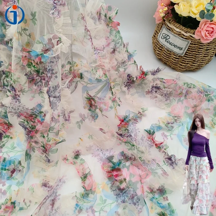 Fashion Polyester Colorful Floral Rose Custom Design 3D Embroidery Printed Tulle Mesh Fabric for Elegance Skirt