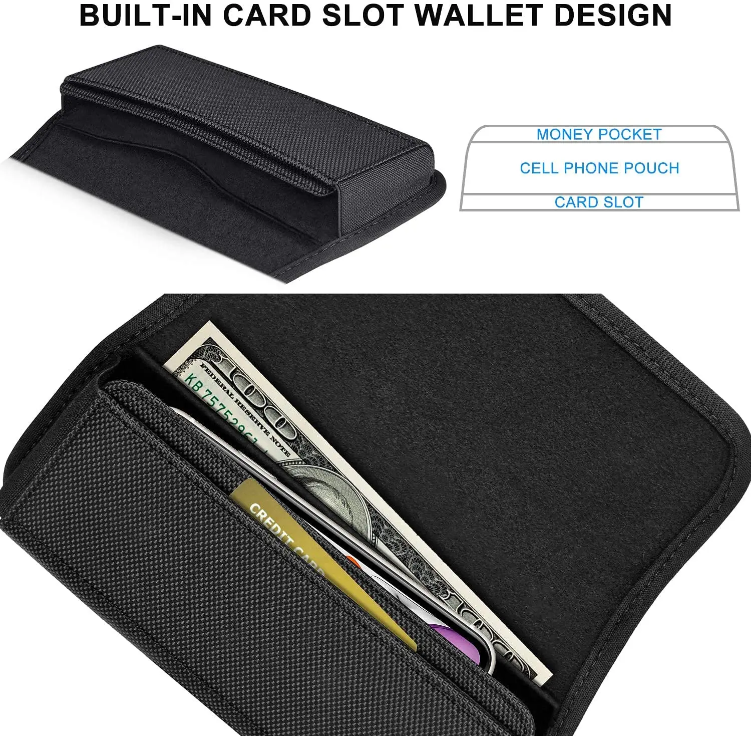 Horizontal Magnetic Nylon Belt Clip Holder Phone Pouch with Built-in Card Holder for iPhone Samsung Galaxy S21 Plus