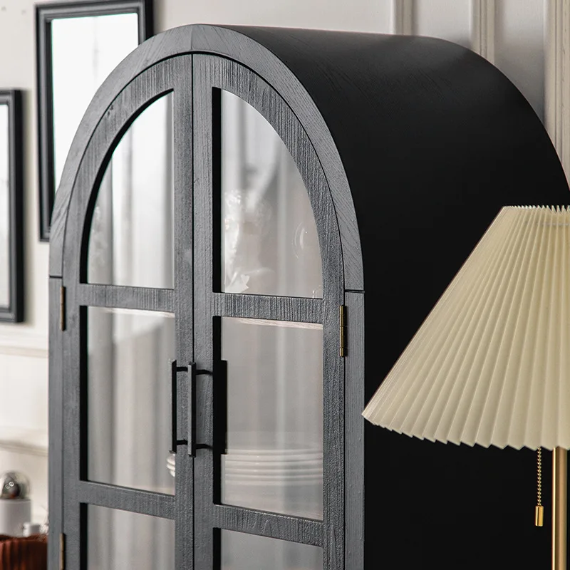 Farmhouse Living Room Cabinets Buffet Sideboard Vintage Wooden Storage Cabinet with Drawers Arched Black Kitchen Cabinet