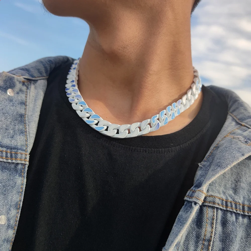 VEROMCA Blue Sky and White Cloud Stainless Steel Baking Varnish Cuban Chain Bracelet Titanium Steel Necklace