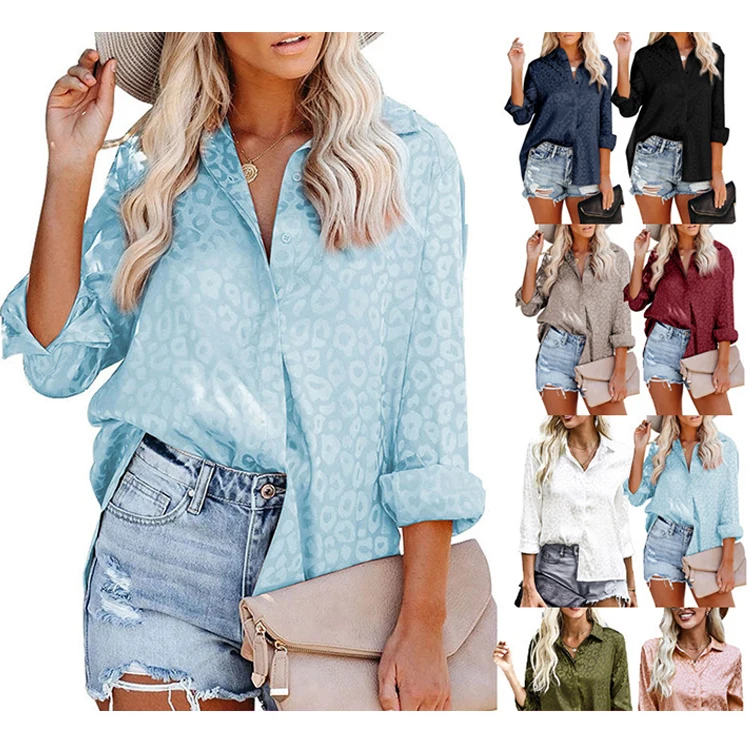 Autumn New Fashion Print Shirt Wholesale Womens Leopard Jacquard Loose Casual Long Sleeve Lapel Single Breasted Blouse Top