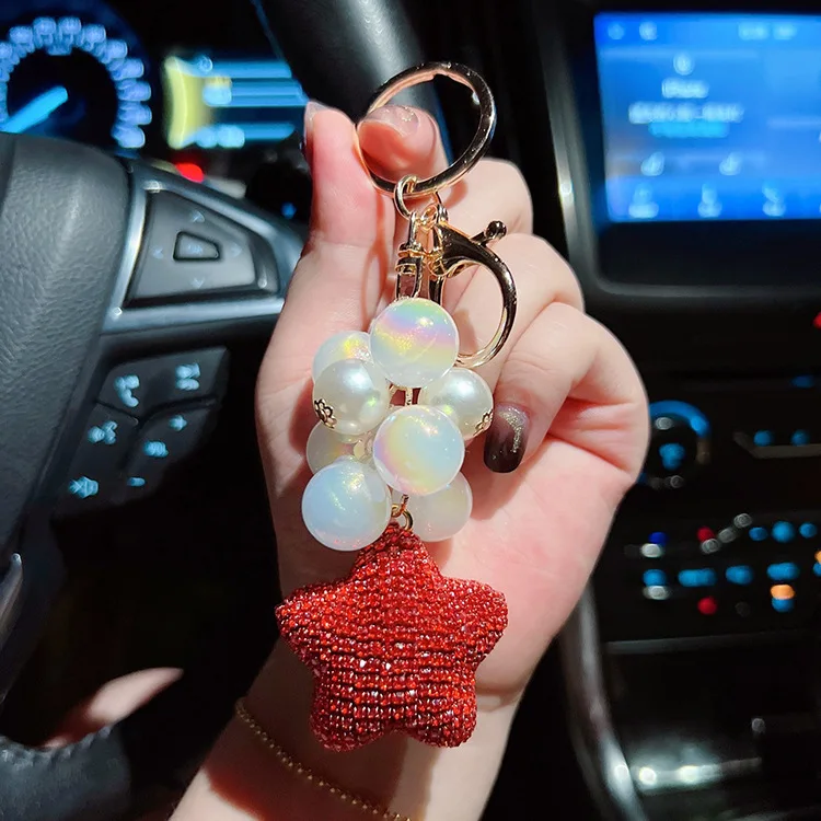 Pentagram Crystal Rhinestone Keychain Grapes Bunch Shiny Metal Key chains Girly Pendant keyring Diamond Star Keychain Star