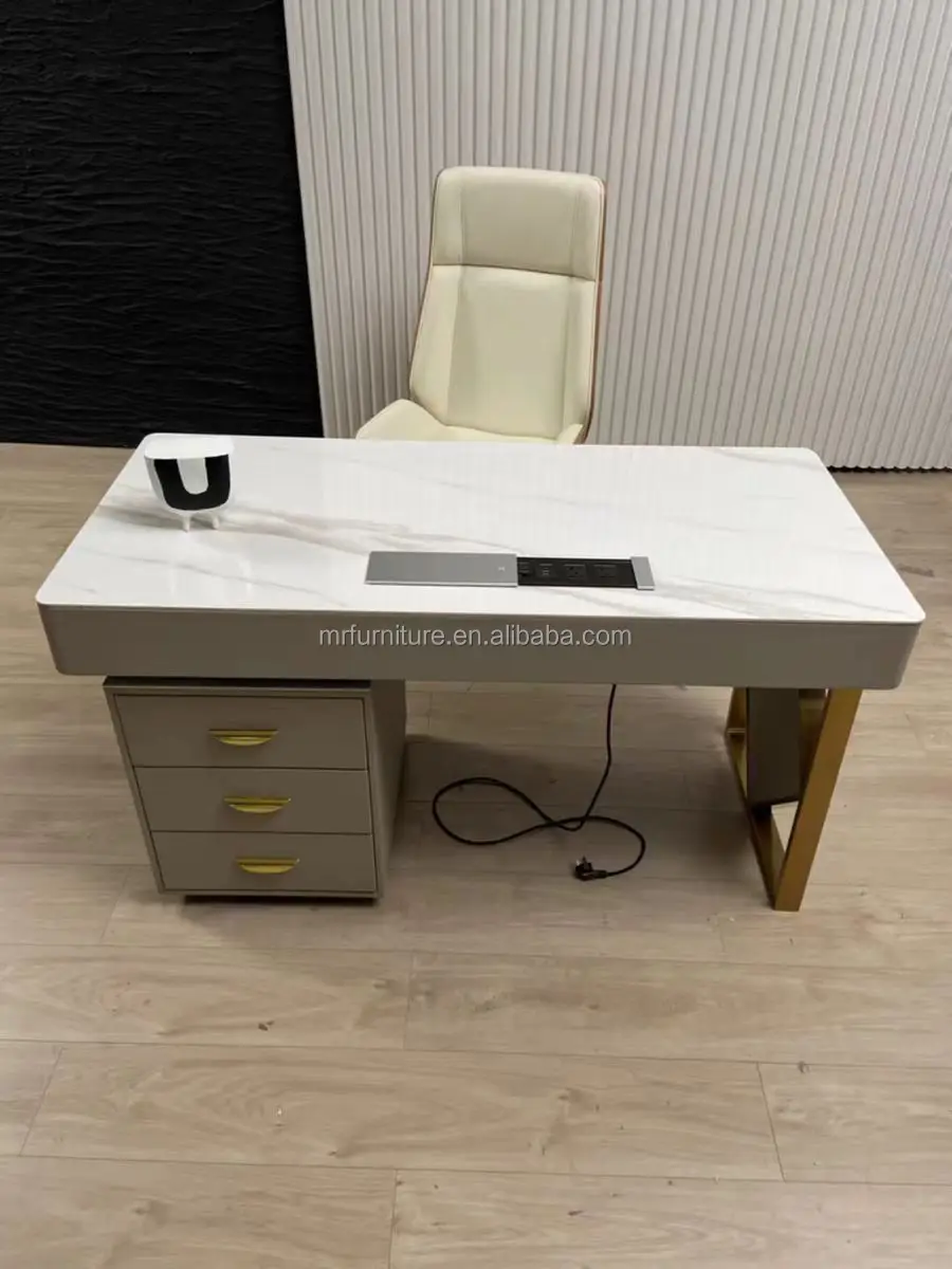 Modern Office Furniture Luxury Golden Stainless Steel Large Desk Office Table for Home Commercial