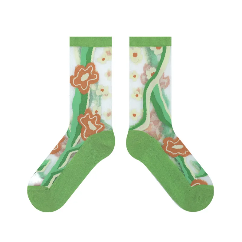 Wholesale Summer Women Tulip Flower Design Thin Nylon Crystal Sheer Socks Transparent Socks