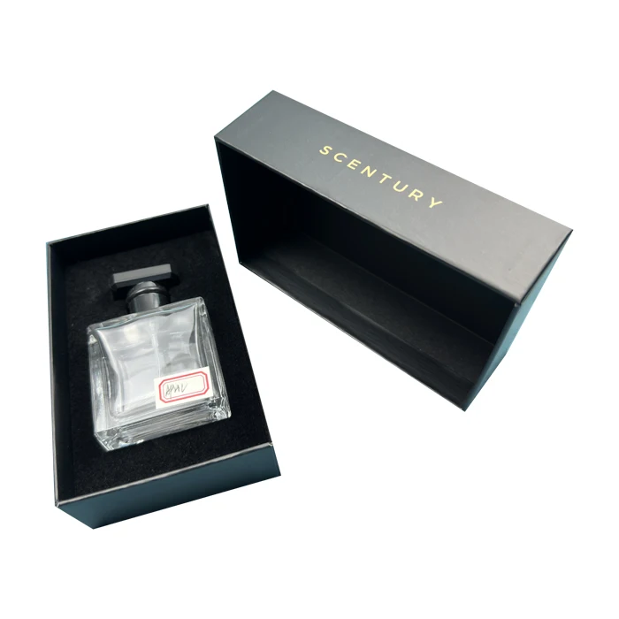 Square Gift Perfume Bottle Drawer Slide Box Packaging Gold Foil Logo Luxury Rigid Black Box 3ML 6ML 12ML Custom Cosmetic Box