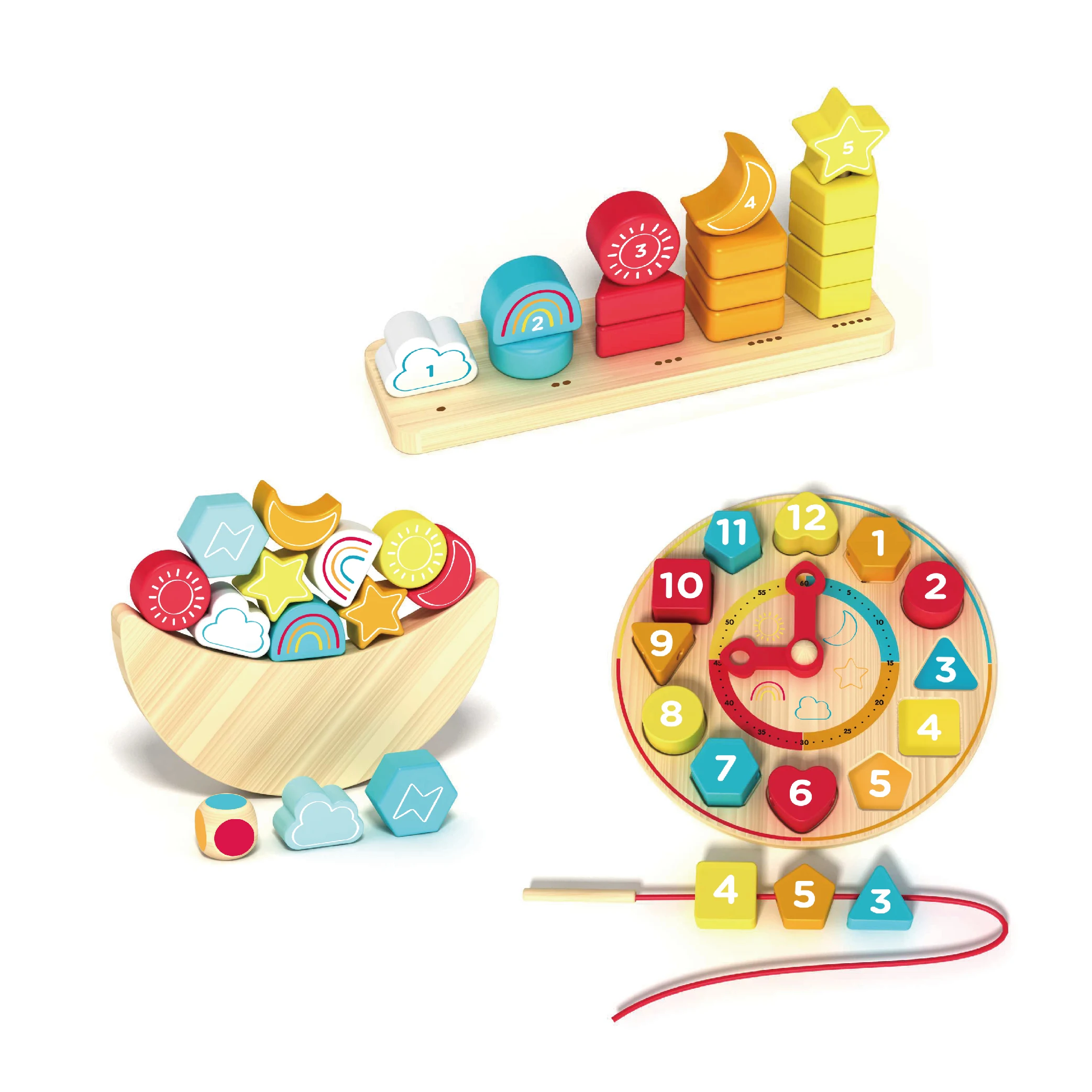 Hot Selling Montessori Educational Learning Baby Wooden Colourful Clock Toy Toddler Stacking Blocks Balance Block Toy