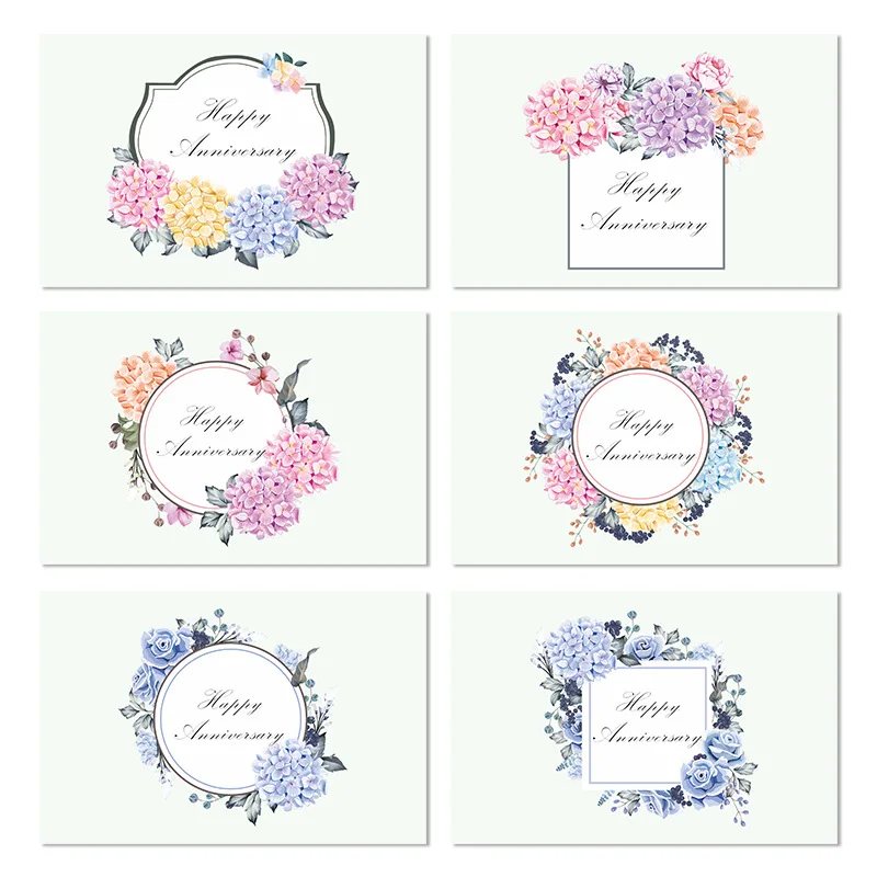 6PCS Blessing Card Envelope Set Green Leaves Hydrangea Wreath Decorating Anniversary Greeting Cards