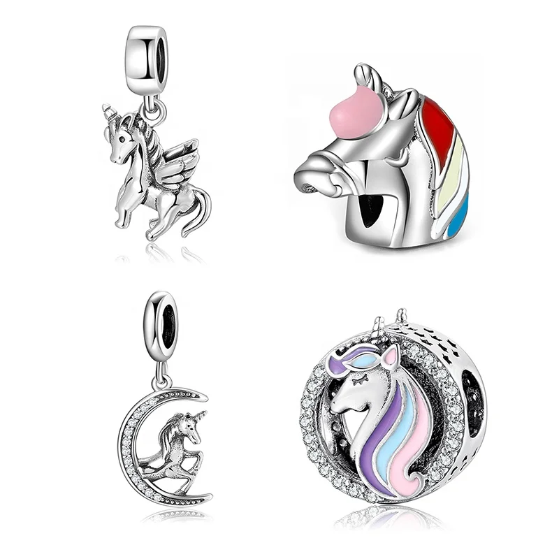 Real 925 sterling silver Enamel Colorful Unicorn Patron saint Clear zircon Beads Charms for Bracelets Jewelry making Hot Sale
