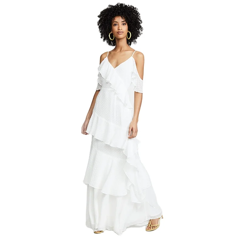 KY Ruffle trim Draped flutter sleeves Polka dot print Maxi V neck Adjustable dress summer dresses women elegant dresses 2023