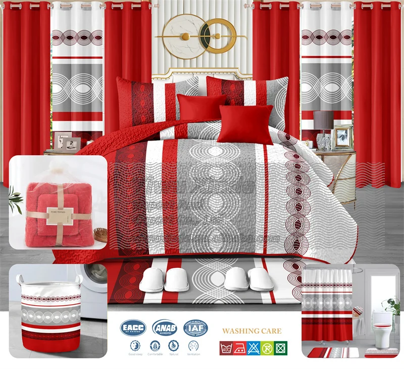 Ready to Ship King size 24 pieces bedding  with curtains set bedspread set 24 pcs bed sheet with Bathroom Set