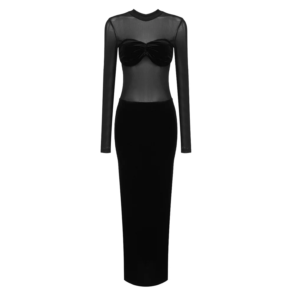 LS2480 Trendy Sexy Black Club Mesh Dress Sexy Long Sleeve Women  Clothing See Through Club Velvet Maxi Dresses