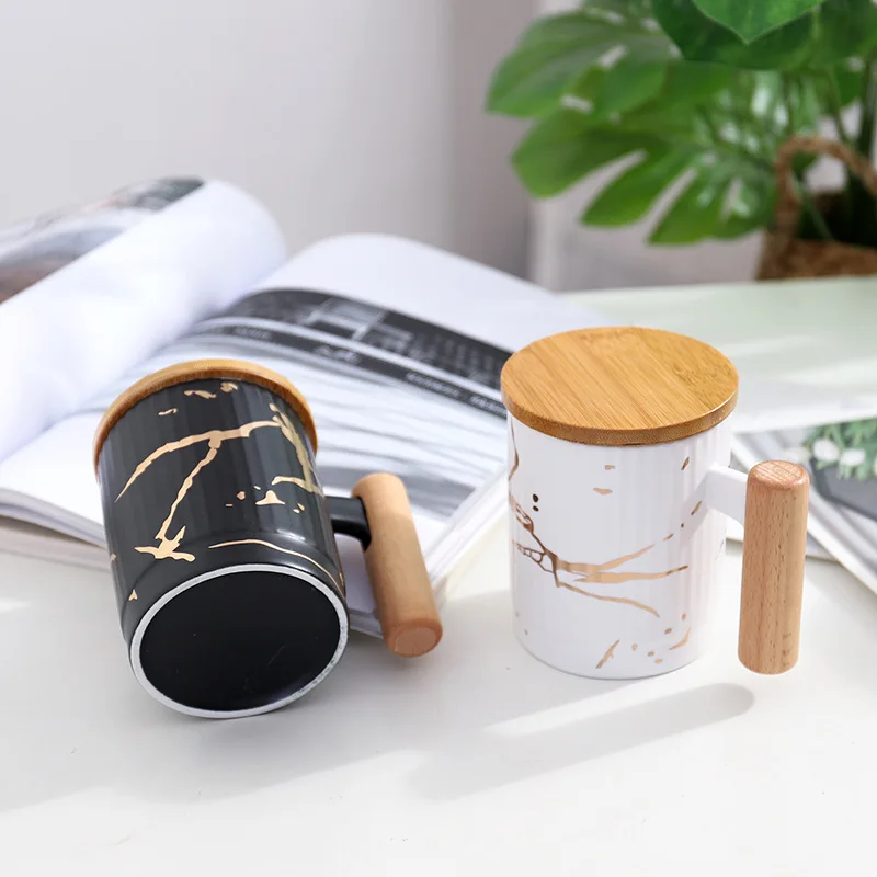 
personalized ceramic mug wholesale customized porcelain tea mug with wooden handle and Infuser tea ceramic coffee cup with lid 