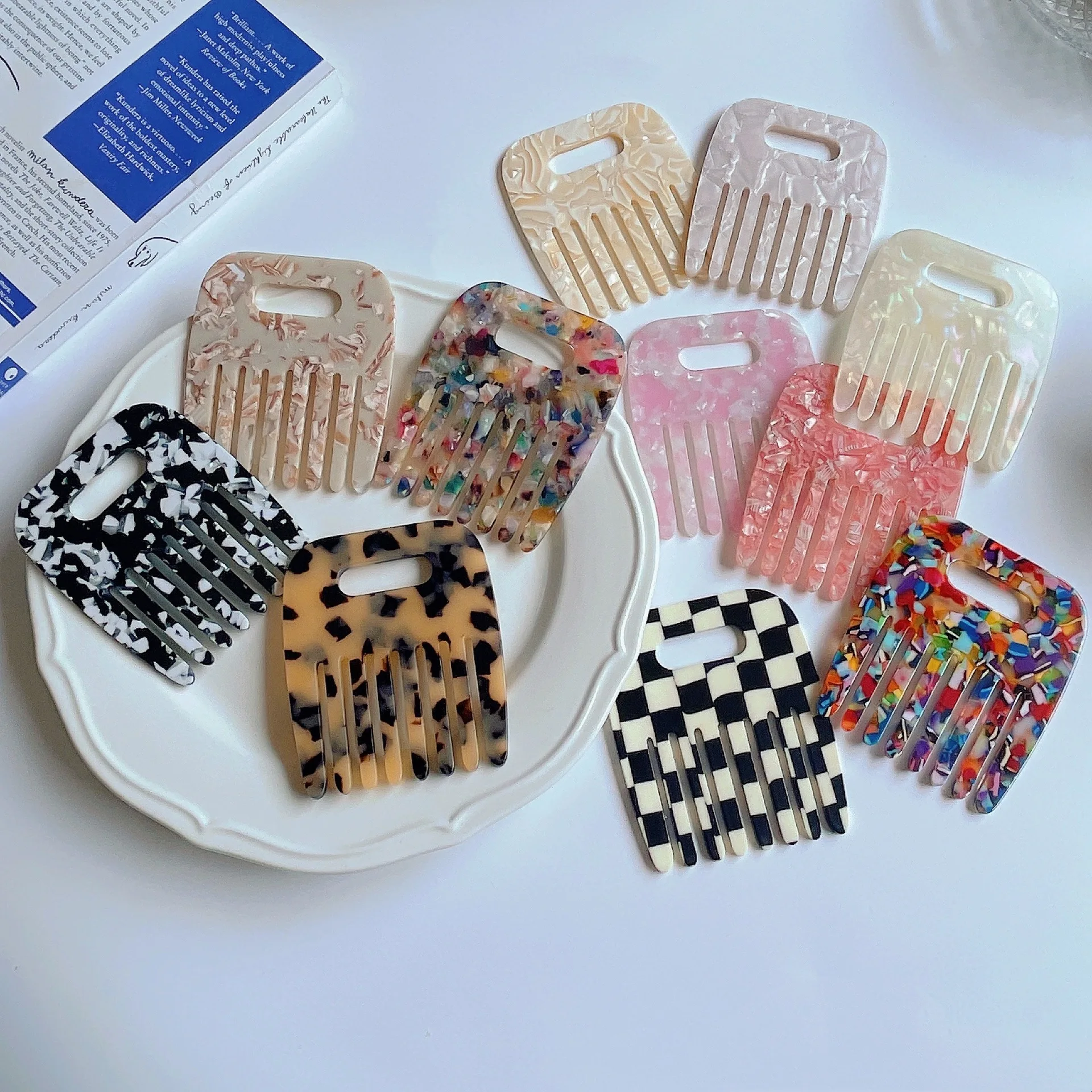 Pocket acetic acid hair pick afro comb women wide tooth eco friendly cellulose anti static chrome acetate african head comb