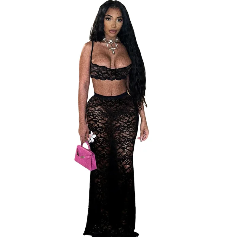 2024 Summer New Product Sexy Hollow Strap Top Solid Color High Waist Skirt Lace Set