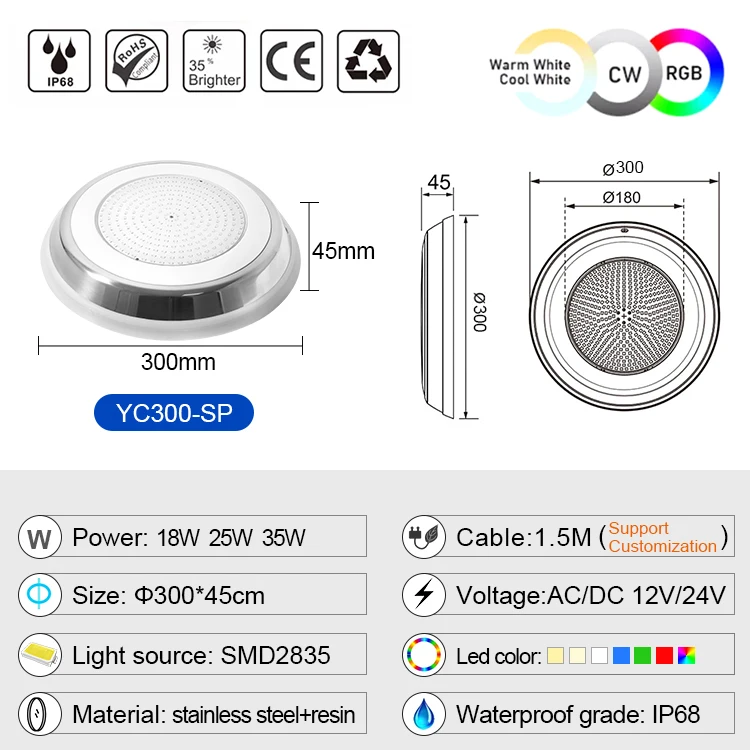 12V Ip68 Waterproof Resin Filled Remote Control Underwater Rgb Light For Swimming Pool