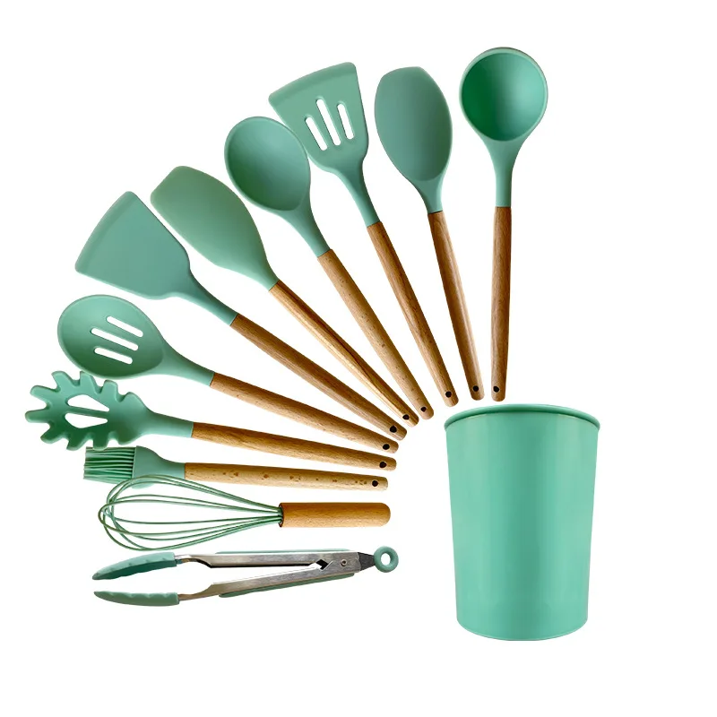 Suppliers Customized Organizer 11 Pieces Cooking Spatula rubber Wooden Handle Silicone Kitchen Utensils Accessories