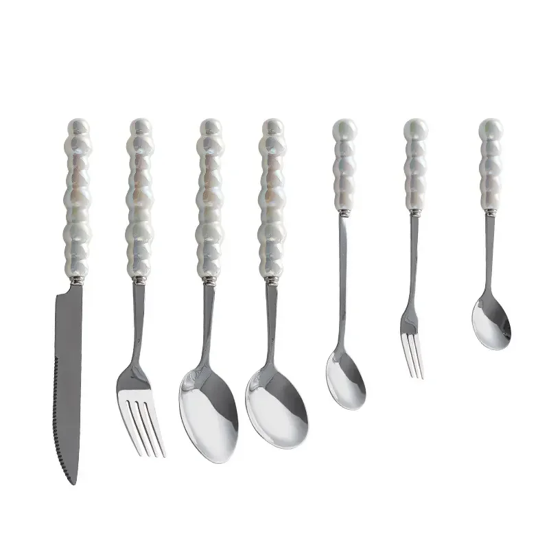 Western Ceramic Pearl Handle Cutlery Set Stainless Steel Spoon And Forks Golden Knives Utensils