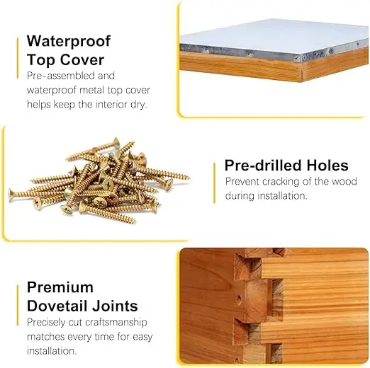 Langstroth Beekeeping Waxed Foundations 5 Wooden Frame Bee Hive Box Kit with Metal Roof