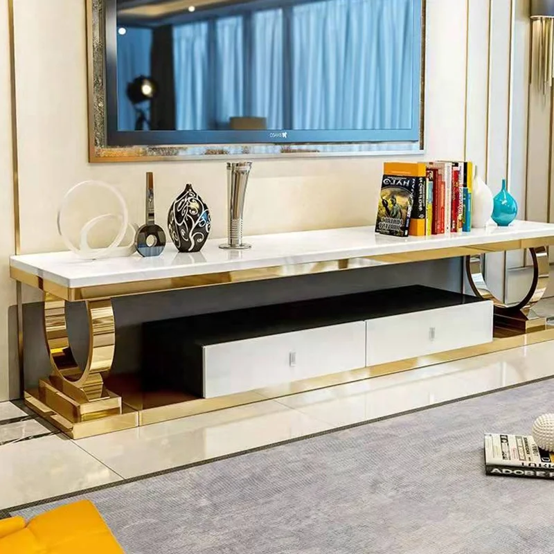 Low Price Light Luxury Style TV Stand With Storage Marble Top Shinning Gold Frame TV Table Sitting Room Furniture Set