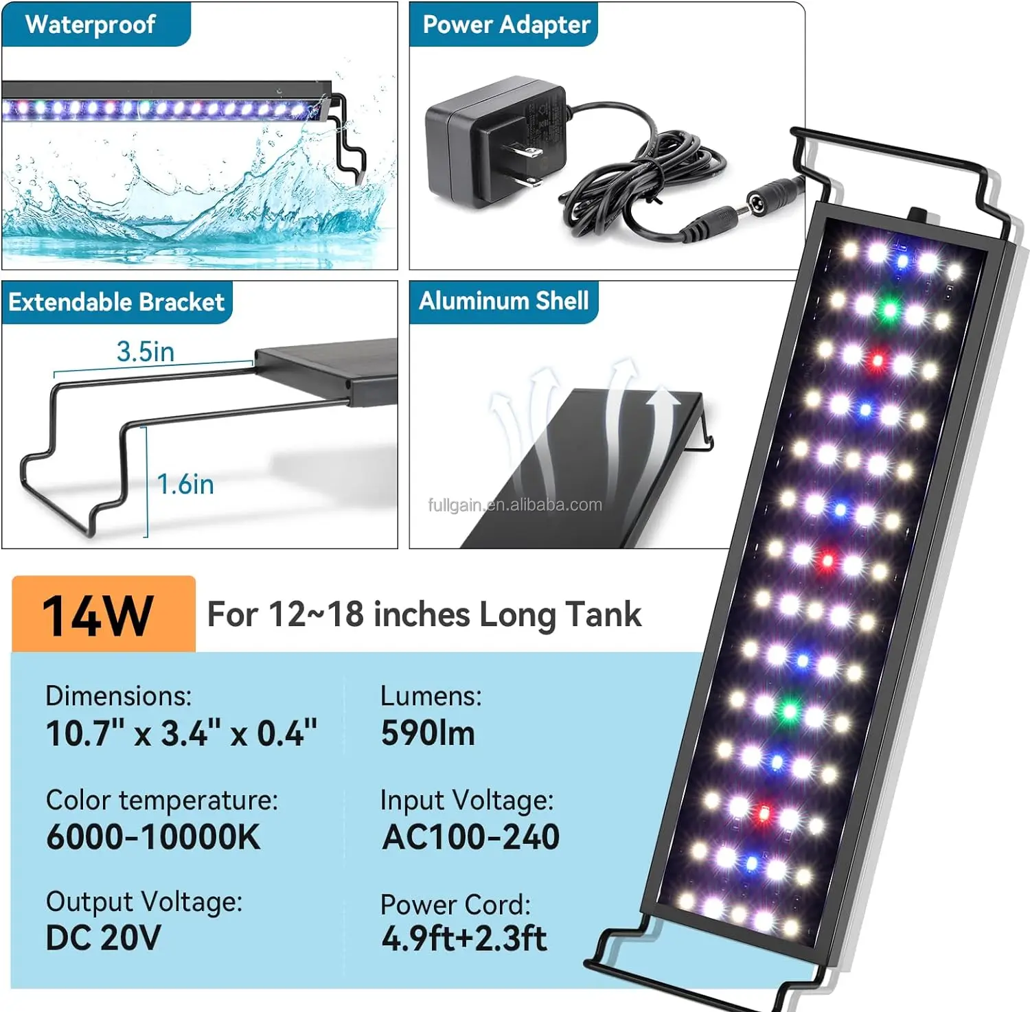 Fullgain Aquarium LED Light Fish Tank Full Spectrum Lighting with 24/7 Day-Night Cycle Mode & Auto On/Off Timer Dimmable